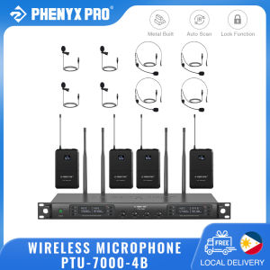 Phenyx Pro PTU-7000-4B Wireless Microphone System 4 Channel Wireless Mic Set 4 Headsets/Lapel Mics for Singing DJ Church Stage Karaoke