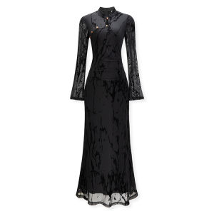 Lingshan Zhihe Jinning New Chinese Style Knitted Long Sleeve Slim Fit Dress Lace Splicing Women Early Autumn Qipao Dress