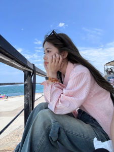 Pink Striped Womens Sun Protection Shirt Casual Loose Thin Long Sleeve Outerwear Spring Autumn Lazy Style Commute Korean Version