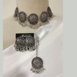 WOMEN SILVER HIGH NECK CHOKER NECKLACE SET WITH EARRING