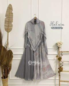 Set Gamis Dress Ceruty Babydoll Printing Premium Syari Branded Merah Maroon - Pink - Abu - Coklat Susu - Black - Grey - Caramel Mewah Masya Syari Terbaru Halwa MADENIA SYARI By MASYA