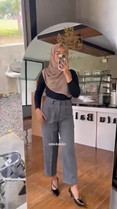 Ara Basic Pants SEMI WOLL - Highwaist Celana Baggy Angkel Pants Celana Kantor Loose Pants