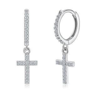 Pretty Beauty Moissanite Huggie Hoop Cross Dangle Earrings 925 Silver Pave Set Diamond Cross Pendant Earrings Gift for Women