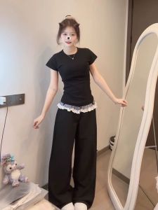 Slim Fit Black Short Sleeve T-Shirt Womens Summer New Style Waist-Cinching Shoulder-Length Small Size Slimming Lazy Style Top