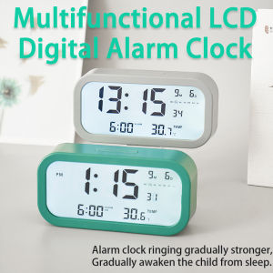 Nordic Style Digital Alarm Clock Multifunctional LCD Electronic Bedside Clock Snooze Temperature Calendar Desk Clock for Student Backlight Eye Protection