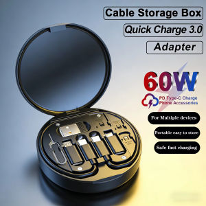 60W 6-in-1 Fast Charging Cable USB-C/Type-C to USB/Lightning Portable Data Cord Storage Box for iPhone Samsung Huawei Xiaomi