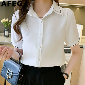 AFEG Korean version shirt collar fashionable loose all match professional chiffon short-sleeved blouse