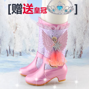 Girl High Heel Boots Winter Fleece-lined Princess Elsa Boots Childrens Thin Cotton Shoes Three-Year-Old Soft Leather Girl Middle Boots
