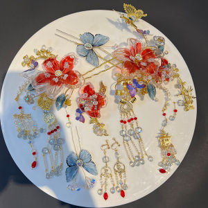 Elegant Red And Blue Contrast Color Hair Accessories Crystal Tassel Hairpin Butterfly Decorated Morning Robe Drinking Ceremony Womens Hair Accessories