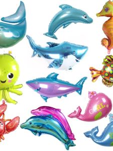 ลูกโป่งฟิล์มอลูมิเนียม เรือใบสีฟ้า ฉลาม หมูพริก กระต่าย ปลาดุก ตัวอักษรสีเหลือง ลูกโป่งตกแต่งงานฉลอง