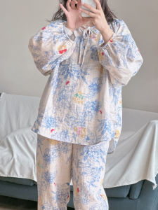 Comfortable Cotton Pajamas Womens Long Sleeve Long Pants Home Clothes Traditional Chinese Style Blue And White Floral Design