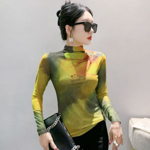 REHIN เสื้อยืดแขนยาวพิมพ์ลายลายตาข่ายลายดอกไม้สไตล์ยุโรป-2024คอลเลคชั่นฤดูใบไม้ร่วง/ฤดูหนาว