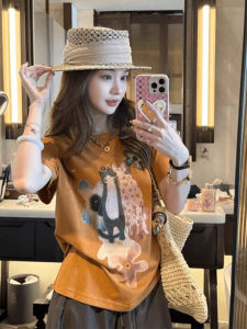 Áo Thun Nữ Tay Ngắn Cổ Tròn in Hình Mèo Hoạt Hình Phong Cách Hàn Quốc Mùa Hè Thiết Kế Mới Giảm Tuổi Tác Vai Thường