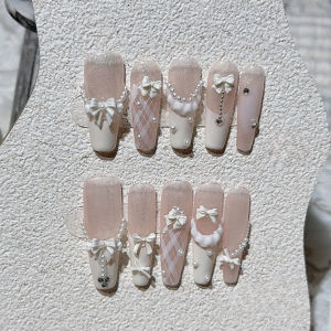 Cute 3D Pearl Bow French Handmade Press On Nails Sweet Plaid Skirt Ballet Long Nail Art Beaded Glitter White Fake Nails