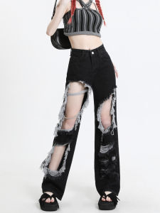 Black High Waist Wide Leg Jeans Womens Loose Fit Summer Thin New Style Street Style Denim Pants Torn Hole Trendy Cotton Polyester