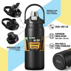 XMSJ | Stainless Steel Vacuum Bottle Large Capacity 1.2L/1.5L Insulated Thermo Water Flask Dual Use Lids Direct Straw Sport Gym Tumbler