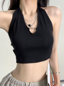 Black Neck Hanging Strap Vest Women Summer Beachwear Hot Girl Top Cover Side Breast Outerwear Short Pure Color Commute Style