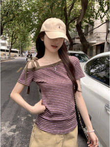Sweet Spicy Korean Style Striped Shoulder Bared Slim Fit Short Sleeve T Shirt for Women Summer Casual Cotton Fashion