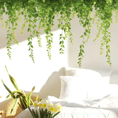 2PCS ใหม่จําลองสีเขียว VINE Plant VINE Strip ห้องนั่งเล่นห้องนอนผนังตกแต่งสติกเกอร์ self-กาวสติกเกอร์