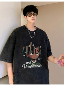 เสื้อยืดแขนสั้นผู้ชายสไตล์อเมริกันสไตล์ย้อนยุค ทรงหลวม ผ้าฝ้าย ระบายอากาศได้ดี สไตล์ฤดูร้อน 2024 ใหม่