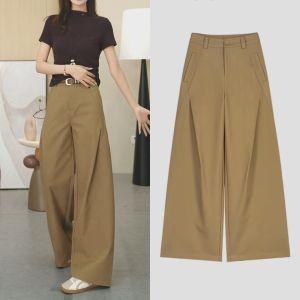 Khaki Wide Leg Pants Womens High Waist Loose Straight Casual Long Trousers Autumn New Style Commute Comfortable Polyester