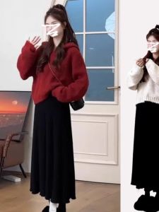 เสื้อสเวตเตอร์มีฮู้ดสีแดงสำหรับผู้หญิง คอลเลกชั่นฤดูใบไม้ร่วง/ฤดูหนาว 2024 ชุดเต็มตัว ทรงหลวม สไตล์เกาหลี คุณภาพสูง เสื้อสเวตเตอร์ถัก