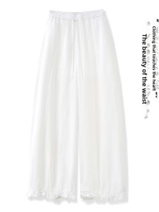 MEITESIJIAONU | White Lace Linen Ice Silk Wide Leg Pants