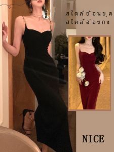 เชือกแขวนคอกํามะหยี่สไตล์ฮ่องกงย้อนยุค เดรส ผู้หญิง ฤดูใบไม้ร่วง ฤดูหนาว ปาร์ตี้วันเกิด เดรส เรียบหรู มินิเดรส