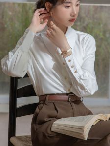 Elegant White Long Sleeve Shirt Womens Commute Interview Formal Wear Set with Suit Pants Straight Cut Classic Style