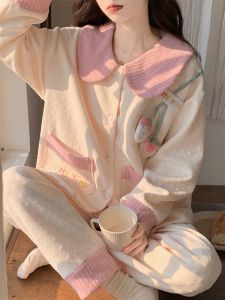 Bộ Đồ Ngủ Bằng Vải Cotton Lót Khí Sương Mù Dày Dặn Cho Nữ Mùa Thu Đông in Họa Tiết Trái Cây Mọng Nước Dài Tay Quần Dài