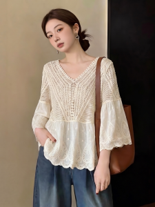 SHIMANQING | Bohemian Crochet Hollow V-Neck Three Quarter Sleeve Top