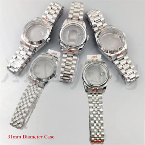 31mm Silver Stainless Steel Watch Case With Strap Round Polished Fluted Bezel Sapphire Glass Magnified Fit ForNH05 NH06 Movement