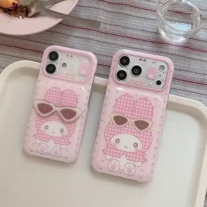 Sanrio | Cute Pink 3D Sunglasses Grid Hello Kitty Sanrio Cartoon Shockproof Phone Case For iphone 17 16 15 Pro Max Lens Protective Cover