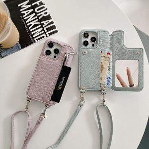 Leather Zipper Card Holder Wallet Phone Case Mirror Makeup Cosmetic Pocket Case For iphone 16 pro max  15 Pro 14 Pro 13 iphone 11 12 Pro 13 mini XR XS Max X 8 7 Plus SE 2022 6S Plus Cover Luxury Soft Silicone Lanyard Strap Chain Crossbody Slim