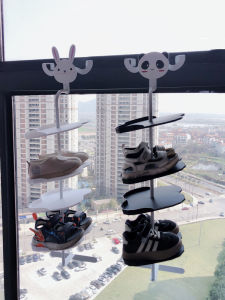 ตู้รองเท้าลายกระต่ายสีขาวและหมีพับได้สำหรับเด็ก สไตล์การ์ตูนน่ารักและสร้างสรรค์ จัดระเบียบรองเท้าแบบประหยัด