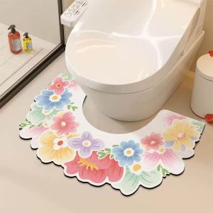 VIKAMA Scandinavian-Style Floral U-Shaped Floor Mat Absorbent and Non-Slip Bathroom and Toilet Rug Home Decor