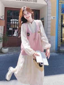 French Style Long Sleeve Knitted Dress Set for Women Sweet Cute 2025 Spring New Arrival A-Line Skirt round Neck Two-Piece Suit