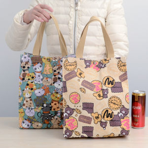 Large Canvas Waterproof Cartoon Lunch Box Bag Bento Bag A4 Art Supplies Tutoring Bag Handheld Student After-school Bag