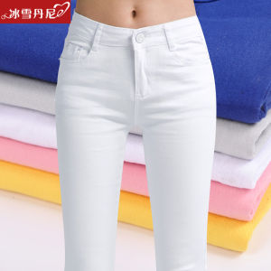 White Fleece Lined Nine-Tenths Womens Leggings Elastic Casual Pants Commute Style Natural Waist Long Trousers Korean Version