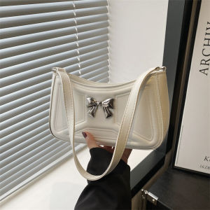 【Hot Selling Womens Bag】New trendy temperament versatile simple fashion commuter womens bag one-shoulder hand-held armpit bag bow decoration small square