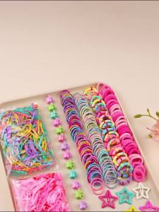 800Pcs Bulk Value Pack Set Mixed Elastic Hair Ties Mini Rubber Bands Star Flower Barrettes for Girls Pigtail Ponytail Daily Wear