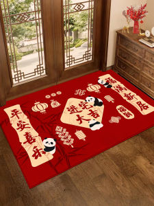 Cute Panda Red Door Mat Home Entrance Rug Modern Chinese Style Long Rectangle Self Cleaning Anti Dirty Dustproof Wear Resistant
