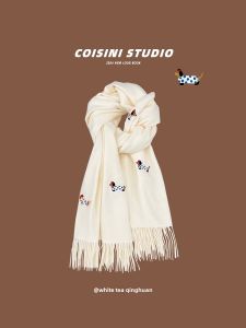 New 2025 Womens Sausage Dog Embroidered Woolen Scarf Tassel Shawl Warm Versatile Autumn Winter for Students Couples Korean Style