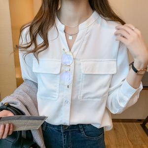 Elegant Long Sleeve Chiffon Blouse for Women V-Neck Hong Kong Style White Collar Professional Workwear Versatile Top