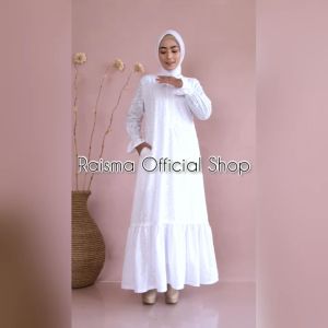 Raisma - Arina Gamis Putih Katun Rempel Arienna Perlengkapan Umroh Haji Wanita Muslimah