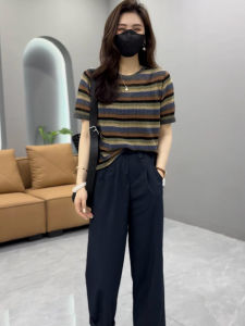 Fashionable Retro Striped Color Block Hollow out Knitwear Womens Casual Top Age Defying round Neck Short Sleeve T-Shirt