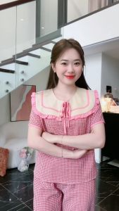 (Bunnysky) Quần áo nữ mặc nhà Bộ bộ thiết kế tiểu thư kẻ caro thô mềm thấm hút mồ hôi