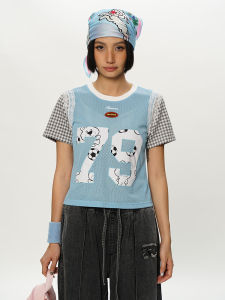 เสื้อยืดแขนสั้นลายลูกไม้สีบล็อก TIPSEVEN ดีไซน์ฤดูร้อน ทรงตรง สไตล์ลำลอง เสื้อยืดผู้หญิง ผลิตจากโพลีเอสเตอร์ ปกติ