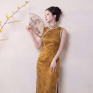 Slimming Brightening Sleeveless Yellow Printed Qipao Dress