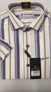 MERRIMAN SALE - Áo Sơ Mi MERRIMAN Tay Ngắn Màu Trắng - Xanh Dương Họa Tiết Sọc Form Slim Lai Bầu